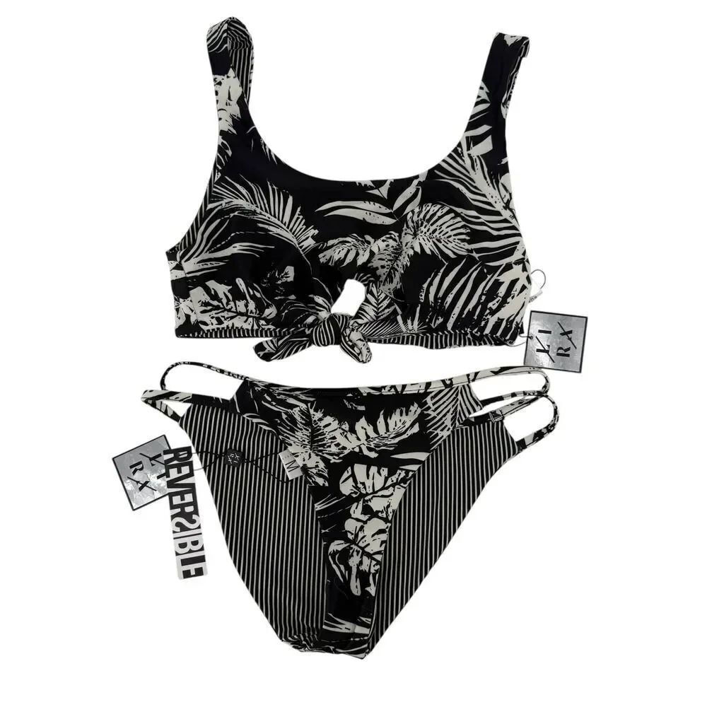 Lira Reversible Bikini Size M Black White Tropical Knot Tie Swimsuit Two Piece